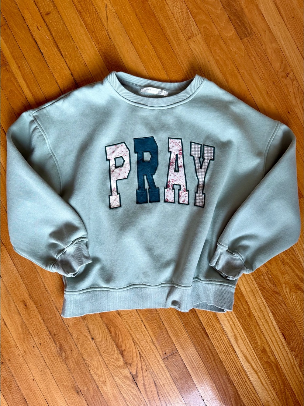 Altar'd State Light Sage Green 'PRAY' Appliqué Crewneck